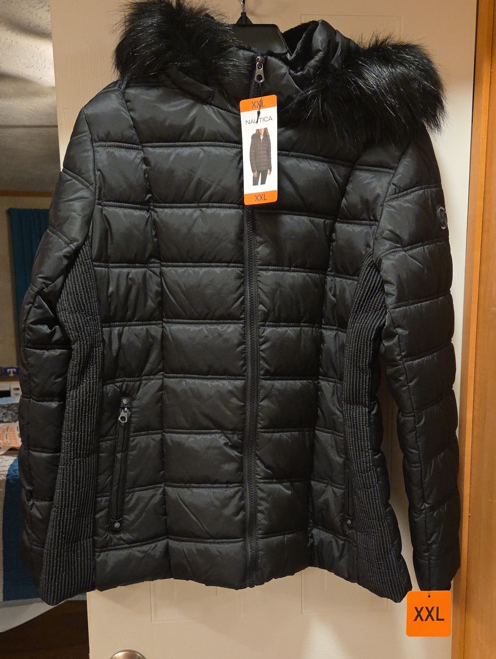 Nautica Women's Black Quilted Puffer Jacket with Faux Fur Trim Hood